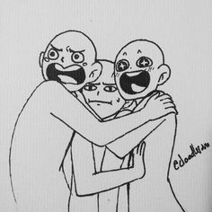 a drawing of two people hugging each other with their faces covered in fake mouths and eyes