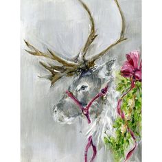 a painting of a deer with antlers on it's head and flowers in its mouth