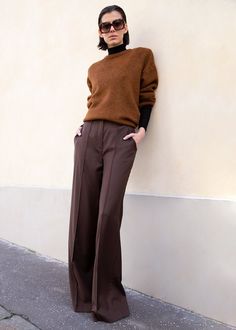 * FINAL SALE * Suit Pants Wide Leg Belt Loops Side Pockets Front Seam Slit Back Cuff Unlined 100% Wool 33" Inseam Length (long length meant to be tailored) Hand Wash By Loulou Studio. Made in Europe Brown Wide Leg Pants Outfit, Brown Trousers Outfit, Wide Pants Outfit, Mystery Gang, Brown Pants Outfit, Minimalism Style, Loulou Studio