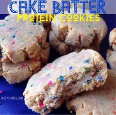 cookies with sprinkles stacked on top of each other in front of the words, cake batter protein cookies