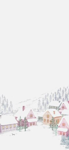 a drawing of a snowy village with trees and houses in the distance, on a white background