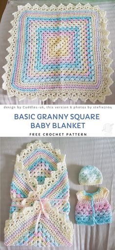 the crochet baby blanket and booties are shown in two different colors, one is