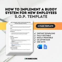 Enhance onboarding with our SOP Template on How to Implement a Buddy System for New Employees. This comprehensive, editable guide provides step-by-step instructions to pair new hires with experienced team members, ensuring smooth integration and support. Ideal for small businesses and startups, it fosters a welcoming environment and boosts retention. Save time and improve employee satisfaction with this essential onboarding tool. You may quickly modify the template to match your unique demands a Buddy System, Onboarding Checklist, Evaluation Employee, Employee Onboarding, Microsoft Word 2007, Employee Satisfaction, Microsoft Word Document, Docs Templates, Word 2007