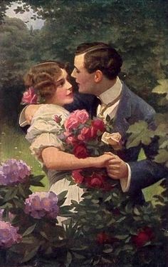 a painting of a man and woman embracing each other in front of some pink flowers