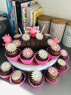 a cake and cupcakes on a table with other items in the back ground