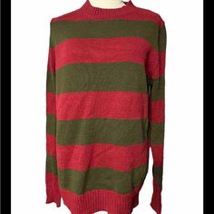 A Nightmare On Elm Street Sweater Mens Small Freddy Krueger Halloween Red/Green Striped, Long Sleeve, Made China, Machine Wash, 62% Cotton, 38% Acrylic, Rn#55219, Sleeve 30”, Armpit 46”, Length 30” New, Unisex For Women Or Men