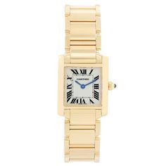 Cartier Tank Francaise 18k Yellow Gold Ladies Watch - Quartz. 18k yellow gold case (20mm x 25mm). Ivory colored dial with black Roman numerals. 18k yellow gold Cartier Tank Francaise bracelet. Pre-owned with custom box. Classic Yellow Gold Diamond Watch With Round Dial, Classic Yellow Gold Diamond Watch With Polished Finish, Classic Yellow Gold Watches With Polished Finish, Classic Yellow Gold Watch Accessories With Metal Dial, Classic Yellow Gold Watches With Subdials, Yellow Gold Jewelry And Watches With Polished Rectangular Dial, Timeless Yellow Gold Watches, Timeless Yellow Gold Automatic Watch, Luxury Yellow Gold Rectangular Watch