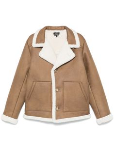 ecru/camel brown faux leather faux-shearling trim front button fastening notched lapels long sleeves two front pouch pockets faux shearling straight hem Faux Shearling Jacket, Made In Romania, Balenciaga Triple S, Shearling Jacket, Sweaters Knitwear, Leather Jacket Men, Mens Outerwear, Tee Dress, Green Jacket