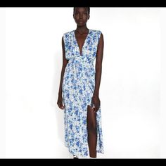 Zara Printed Midi Dress, Never Worn, Still With Tag. Perfect For Spring And Summer. It Has Beautiful Details And It Fits Perfectly. Front Button Closure. Front Ruching Detail. Hidden In-Seam Side Pockets. 100% Polyester Size Small Out Of Stock At Zara!!! Blue Floral V-neck Dress For Vacation, Blue V-neck Maxi Dress For Daywear, Blue Floral Sundress For Brunch, Blue Floral Print V-neck Dress, Sleeveless Light Blue Midi Dress With Floral Print, Sleeveless Light Blue Floral Print Midi Dress, Blue Floral V-neck Dress For Daywear, Blue Floral V-neck Dress For Spring, Blue V-neck Floral Dress For Spring