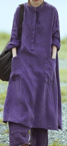 A Line Loose Sleeve Color Match Line Women Dress Long Casual Purple Dress, Fitted Long Sleeve Midi Dress With Pockets, Casual Long Purple Dress, Purple Cotton Dress With Buttons, Long Cotton Dresses With Buttons, Long Cotton Dresses With Pockets, Long Sleeve Solid Color Cotton Dresses, Long Sleeve Cotton Midi Dress With Pockets, Casual Purple Dresses With Pockets