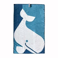 a blue and white towel with a dog on it's side, hanging from a hook