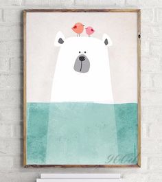 a polar bear with two birds sitting on top of it's head in front of a brick wall