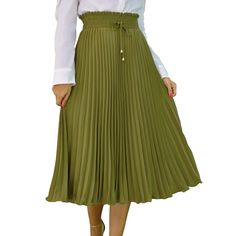 Army Green Pleated Lace-up High Waist Skirt Green Non-stretch Pleated Skirt, Non-stretch Green Pleated Skirt, High Waist Green Pleated Skirt For Spring, Green Pleated Non-stretch Skirt, Spring Green High-waisted Pleated Skirt, Green Solid Color Skirt For Fall, Green Maxi Skirt For Spring Workwear, Spring Green Maxi Skirt For Work, High Waist Skirt