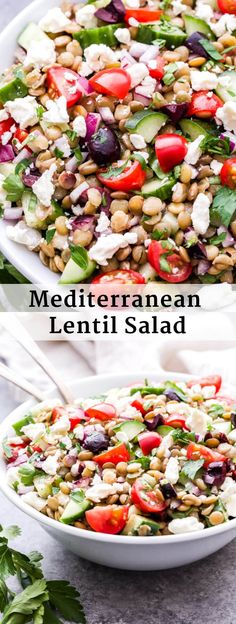 two plates filled with different types of salads and the words mediterranean lentil salad