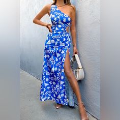 One Shoulder Cutout Dress - Blue Print - Xs Blue One-shoulder Spring Maxi Dress, Blue Fitted Midi Dress For Beach Season, Elegant Blue Midi Dress For Beach Season, Chic Blue Midi Dress For Beach Season, Blue Midi Dress For Beach Season Party, Blue Midi Dress For Beach Party, Fitted Light Blue Maxi Dress For Vacation, Fitted Light Blue Dress For Beach Season, Light Blue Fitted Dress For Beach Season