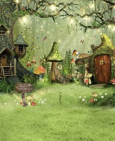 an image of a forest scene with mushrooms and fairy houses