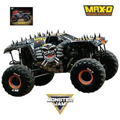 a monster truck with spikes on it's front and back wheels is shown in this image