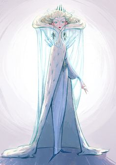 a drawing of a woman with long hair and blue dress standing in front of a curtain