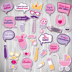 pink and purple photo booth props for baby shower party on wooden background with text bubbles