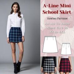 A-Line Mini School Skirt sewing pattern bundle in PDF format, offering various size options. Size options include US Sizes from 2 to 30 and Standard Sizes from XS to 4XL, suitable for A4, A0, and US Letter size papers. Upon payment processing, receive automatic download links for the pattern files. Note that this is a digital product, not a finished item; you will receive zip files comprising both patterns and sewing instructions. Don't hesitate to contact me with any questions or concerns! Happy Sewing! :) Miniskirt Pattern, Sewing Pattern Mini Skirt, A Line Mini Skirt Pattern, High Waist Mini Skirt Pattern, Mini A Line Skirt Pattern, Mini Skirt Pattern Sewing, Clothing Sewing Patterns, Free Mini Skirt Sewing Pattern, A Line Skirt