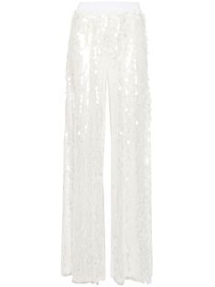 white mesh design paillette embellishment high waist elasticated waistband wide leg flared hem Wedding Guest Looks, Flared Trousers, City Dress, High Waisted Flares, Norma Kamali, Bell Bottom Pants, Demi Fine Jewelry, Flare Trousers, White Mesh