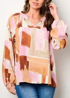 A pretty abstract colored top with shades of rust, pink & taupe. Boutique Boho, Patterned Napkins, Artist Palette, Fringe Sweater, Boho Blouse, Spirit Wear, Long Puff Sleeves, Puff Sleeve Top, Boho Blouses