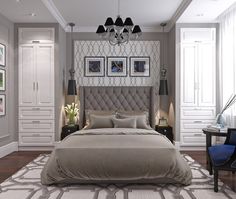 a bedroom with a bed, dressers and pictures on the wall above it's headboard