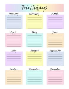 a birthday calendar with the words, months and dates in pastel colors on it