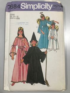 "This is a Simplicity pattern for a girl's costume dress and accessories. Size 10-12 Breast 28.5-30\" Pattern is uncut and factory folded" Witch Princess, Halloween Costume Patterns, Belt Ribbon, Cord Belt, Fairy Witch, Paper Wings, Princess Halloween Costume, Patron Vintage, Paper Crown