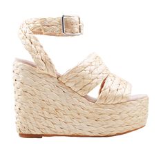 Woven straw with man made sole Ankle buckle closure Platform measures approx. 2" H Heel measures approx. 5" H Imported