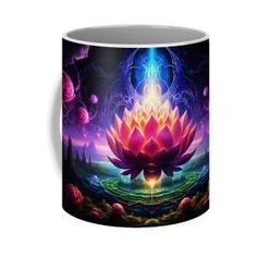 a coffee mug with an image of a lotus flower on the front and side, surrounded by other flowers