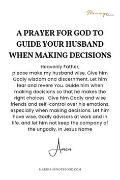 a prayer for god to guide your husband when making decision with the wording below