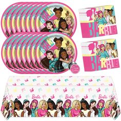 barbie birthday party supplies including plates, napkins and cupcake wrappers for girls