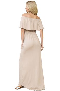 This versatile Off Shoulder Maxi Dress from Iconic Luxe will be a perfect statement piece for any occasion. Sophisticated, elegant and comfortable, this dress features a concealed side pockets and elastic off shoulder ruffle detail. It is sure to be a hit for the warmer months and is easy to dress up. 95% Rayon, 5% Spandex Made in the USA Pull On closure Features: ruffled off-shoulder detail, elastic waist, concealed side pockets, maxi length Suit for: work, street wear, daily wear, date night, Elegant Ruffled Off Shoulder Dress For Day Out, Elegant Off Shoulder Ruffled Dress For Day Out, Elegant Off Shoulder Dress With Ruffles For Day Out, Elegant Off-shoulder Ruffled Dress For Day Out, Solid Color Off-shoulder Dress With Ruffles, Elegant Off-shoulder Beige Maxi Dress, Elegant Beige Off-shoulder Maxi Dress, Elegant Flowy Ruffled Off Shoulder Dress, Elegant Flowy Off Shoulder Dress With Ruffles