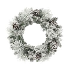 a christmas wreath with pine cones and snow