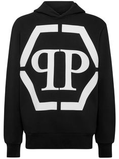 black/white cotton blend logo print to the front ribbed cuffs and hem classic hood long sleeves straight hem Hexagon Print, Philipp Plein, Mens Activewear, Dolce & Gabbana, Shirts & Tops, Giorgio Armani, Valentino Garavani, Logo Print, Black Hoodie