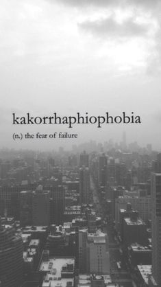 black and white photo of cityscape with the words karokrhopphobiaia