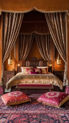 a bed sitting in the middle of a bedroom next to two pillows on top of a rug