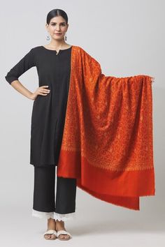 Glossy orange shawl with sozni, floral embroidery and frayed hems. - Aza Fashions Orange Resham Embroidery Dupatta, Elegant Orange Traditional Wear With Chikankari Embroidery, Transitional Embroidered Orange Dupatta, Elegant Shawl For Diwali, Orange Traditional Wear With Embroidered Border For Festive Season, Elegant Embroidered Orange Dupatta, Festive Orange Traditional Wear With Embroidered Border, Elegant Orange Embroidered Dupatta, Pashmina Shawl With Pallu For Eid