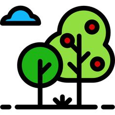 two trees with red dots in the middle and one green tree on the other side