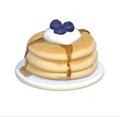 a stack of pancakes sitting on top of a white plate with syrup and blueberries