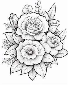 roses with leaves and buds on the side, in black and white coloring book page