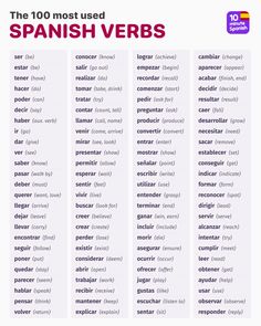 the spanish verbs list is shown in this screenshote, which includes words and phrases