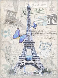 the eiffel tower with blue butterflies flying over it's top and bottom