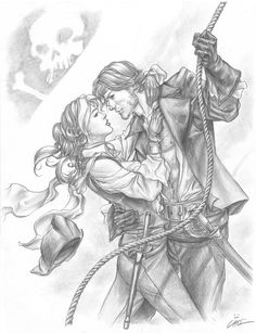 a pencil drawing of a man and woman in pirate costumes with a skull behind them