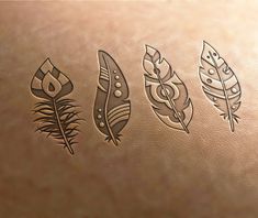 four different types of feathers on a leather surface