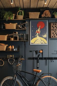 a bicycle is parked in front of a wall with shelves and baskets on the side