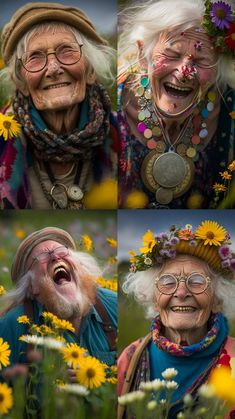 two older women with flowers in their hair and one has her face painted like an old woman