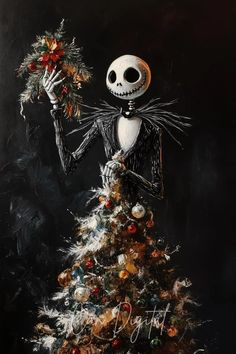 a painting of a skeleton holding a christmas tree