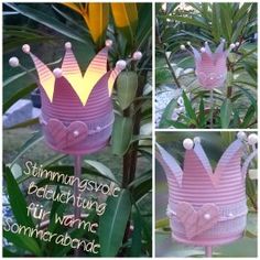 three pictures of pink paper crowns on top of plants and flowers with words underneath them